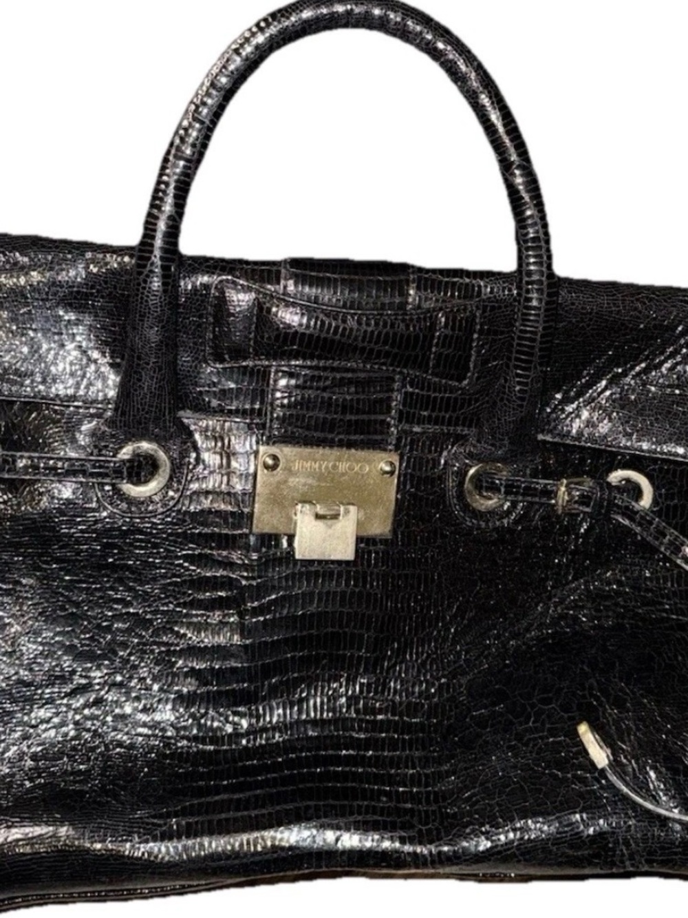 Jimmy Choo Black Croc-Embossed Satchel with Gold Hardware